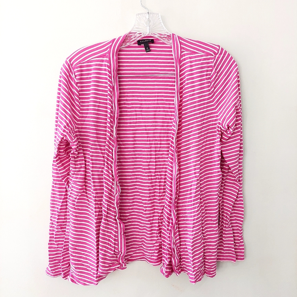 Talbots cardigan Medium Pink White Stripes open front long sleeve